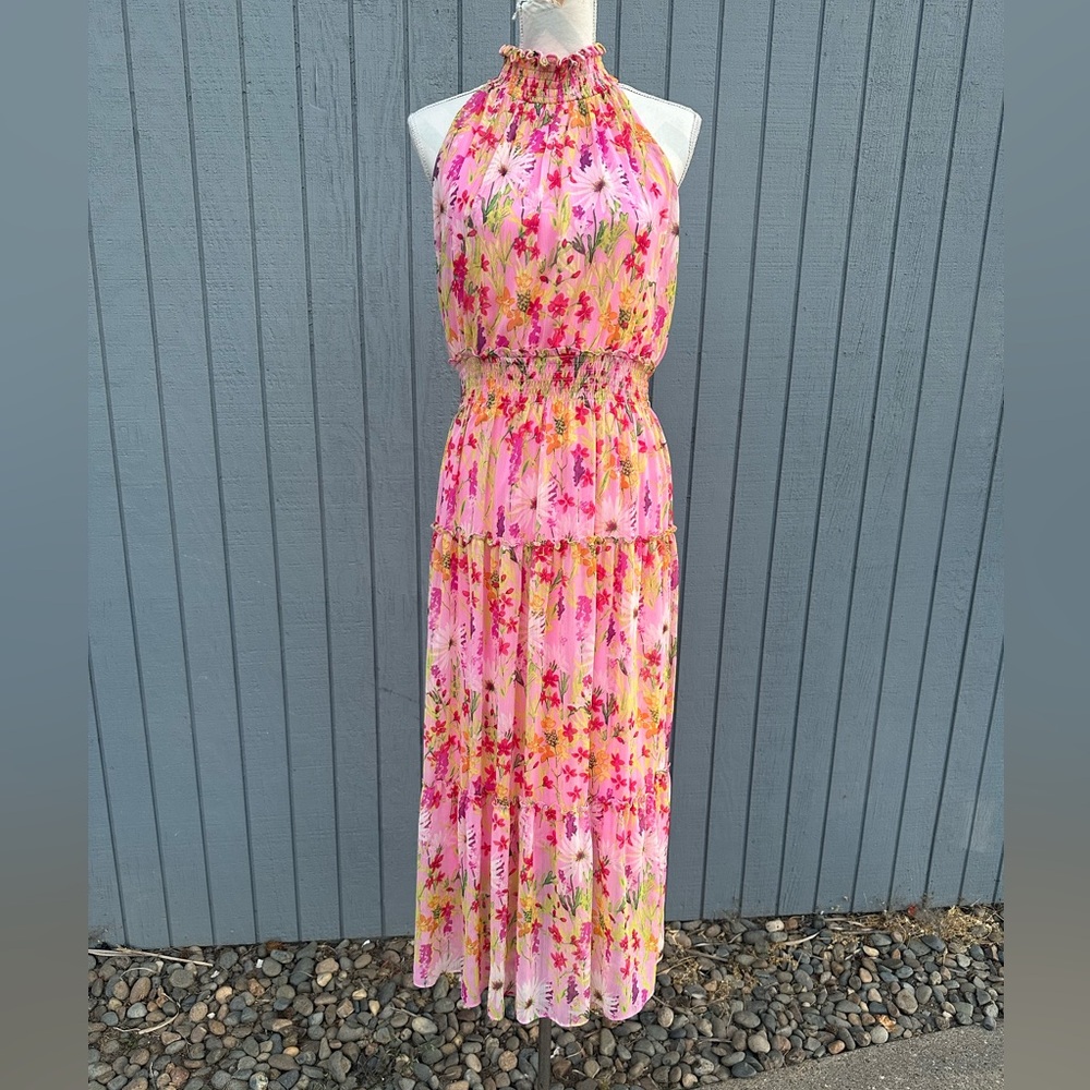 Taylor Pink Floral High Neck Maxi Dress with Smocked Waist